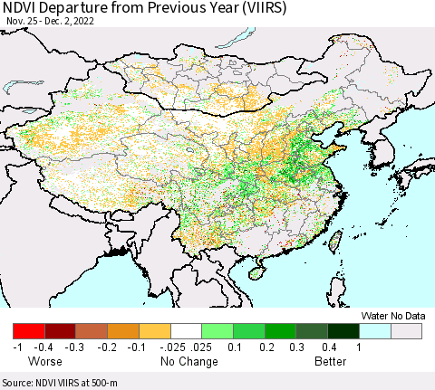 China, Mongolia and Taiwan NDVI Departure from Previous Year (VIIRS) Thematic Map For 11/25/2022 - 12/2/2022