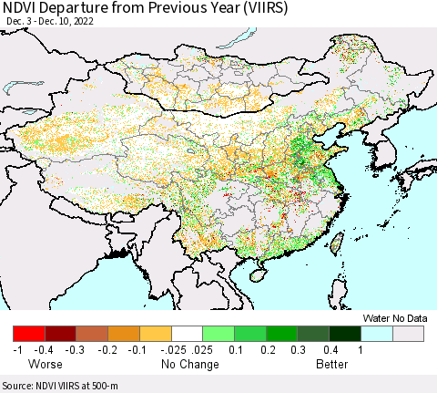 China, Mongolia and Taiwan NDVI Departure from Previous Year (VIIRS) Thematic Map For 12/3/2022 - 12/10/2022