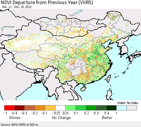 China, Mongolia and Taiwan NDVI Departure from Previous Year (VIIRS) Thematic Map For 12/11/2022 - 12/18/2022