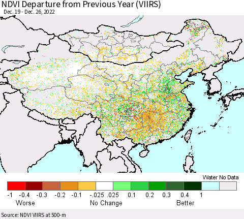 China, Mongolia and Taiwan NDVI Departure from Previous Year (VIIRS) Thematic Map For 12/19/2022 - 12/26/2022