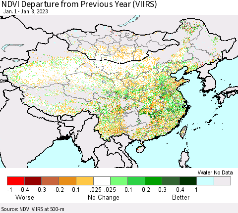 China, Mongolia and Taiwan NDVI Departure from Previous Year (VIIRS) Thematic Map For 1/1/2023 - 1/8/2023