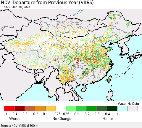 China, Mongolia and Taiwan NDVI Departure from Previous Year (VIIRS) Thematic Map For 1/9/2023 - 1/16/2023