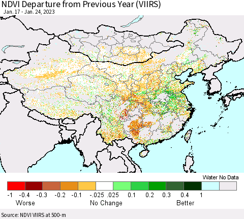 China, Mongolia and Taiwan NDVI Departure from Previous Year (VIIRS) Thematic Map For 1/17/2023 - 1/24/2023