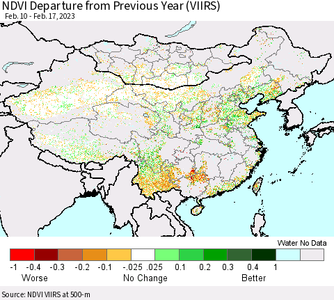 China, Mongolia and Taiwan NDVI Departure from Previous Year (VIIRS) Thematic Map For 2/10/2023 - 2/17/2023