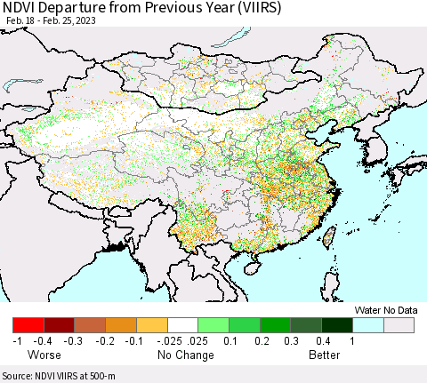 China, Mongolia and Taiwan NDVI Departure from Previous Year (VIIRS) Thematic Map For 2/18/2023 - 2/25/2023