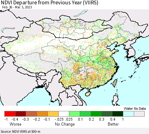 China, Mongolia and Taiwan NDVI Departure from Previous Year (VIIRS) Thematic Map For 2/26/2023 - 3/5/2023