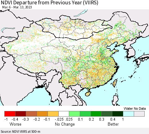 China, Mongolia and Taiwan NDVI Departure from Previous Year (VIIRS) Thematic Map For 3/6/2023 - 3/13/2023