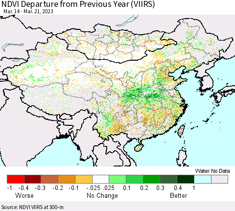 China, Mongolia and Taiwan NDVI Departure from Previous Year (VIIRS) Thematic Map For 3/14/2023 - 3/21/2023