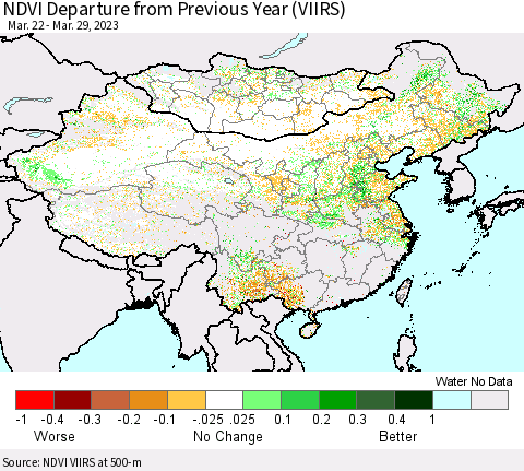 China, Mongolia and Taiwan NDVI Departure from Previous Year (VIIRS) Thematic Map For 3/22/2023 - 3/29/2023