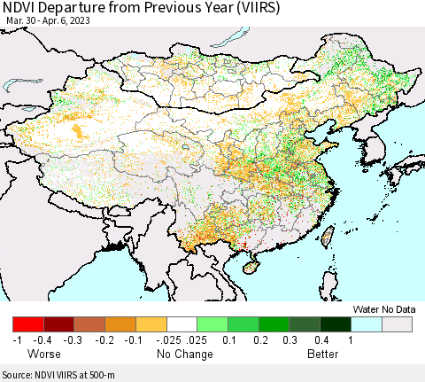 China, Mongolia and Taiwan NDVI Departure from Previous Year (VIIRS) Thematic Map For 3/30/2023 - 4/6/2023
