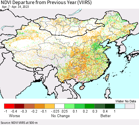China, Mongolia and Taiwan NDVI Departure from Previous Year (VIIRS) Thematic Map For 4/7/2023 - 4/14/2023