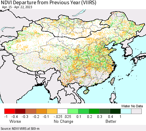 China, Mongolia and Taiwan NDVI Departure from Previous Year (VIIRS) Thematic Map For 4/15/2023 - 4/22/2023
