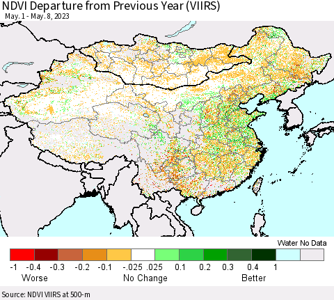 China, Mongolia and Taiwan NDVI Departure from Previous Year (VIIRS) Thematic Map For 5/1/2023 - 5/8/2023