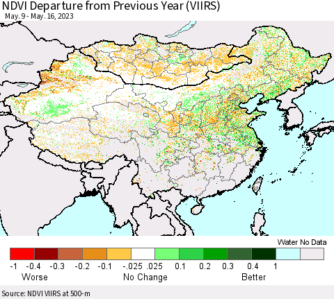 China, Mongolia and Taiwan NDVI Departure from Previous Year (VIIRS) Thematic Map For 5/9/2023 - 5/16/2023
