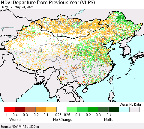China, Mongolia and Taiwan NDVI Departure from Previous Year (VIIRS) Thematic Map For 5/17/2023 - 5/24/2023