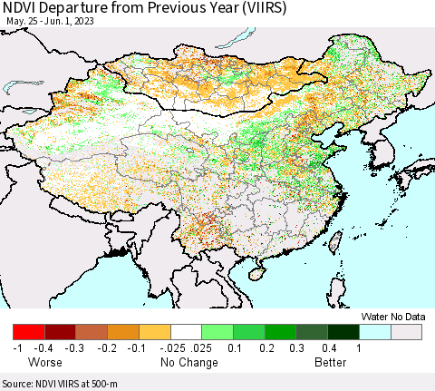 China, Mongolia and Taiwan NDVI Departure from Previous Year (VIIRS) Thematic Map For 5/25/2023 - 6/1/2023