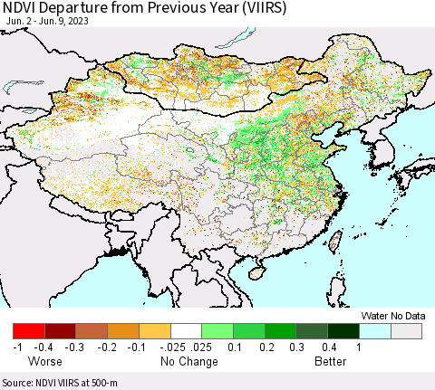 China, Mongolia and Taiwan NDVI Departure from Previous Year (VIIRS) Thematic Map For 6/2/2023 - 6/9/2023