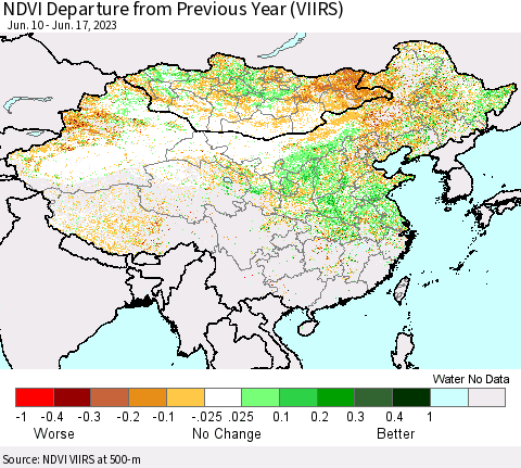 China, Mongolia and Taiwan NDVI Departure from Previous Year (VIIRS) Thematic Map For 6/10/2023 - 6/17/2023