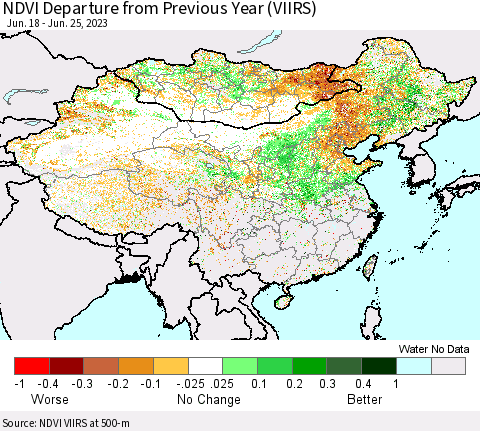 China, Mongolia and Taiwan NDVI Departure from Previous Year (VIIRS) Thematic Map For 6/18/2023 - 6/25/2023