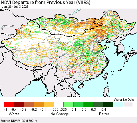 China, Mongolia and Taiwan NDVI Departure from Previous Year (VIIRS) Thematic Map For 6/26/2023 - 7/3/2023