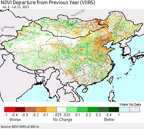 China, Mongolia and Taiwan NDVI Departure from Previous Year (VIIRS) Thematic Map For 7/4/2023 - 7/11/2023