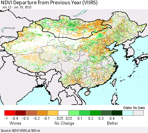 China, Mongolia and Taiwan NDVI Departure from Previous Year (VIIRS) Thematic Map For 7/12/2023 - 7/19/2023