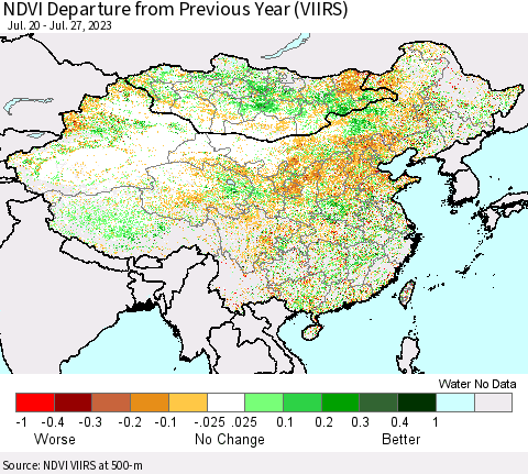 China, Mongolia and Taiwan NDVI Departure from Previous Year (VIIRS) Thematic Map For 7/20/2023 - 7/27/2023