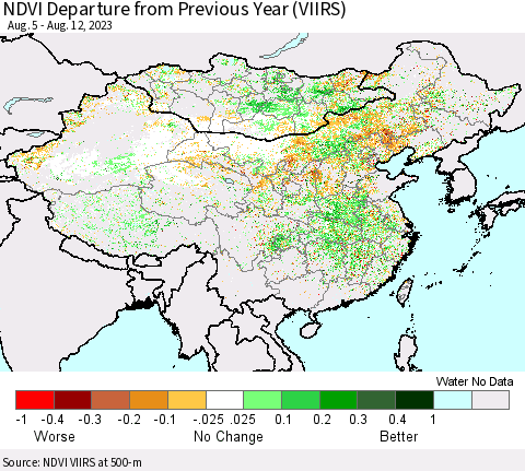 China, Mongolia and Taiwan NDVI Departure from Previous Year (VIIRS) Thematic Map For 8/5/2023 - 8/12/2023