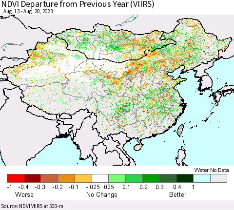 China, Mongolia and Taiwan NDVI Departure from Previous Year (VIIRS) Thematic Map For 8/13/2023 - 8/20/2023