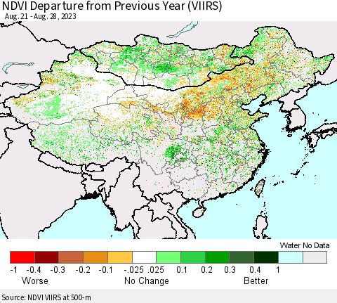 China, Mongolia and Taiwan NDVI Departure from Previous Year (VIIRS) Thematic Map For 8/21/2023 - 8/28/2023