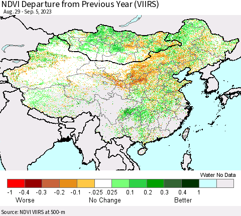 China, Mongolia and Taiwan NDVI Departure from Previous Year (VIIRS) Thematic Map For 8/29/2023 - 9/5/2023