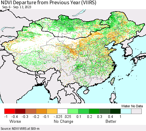 China, Mongolia and Taiwan NDVI Departure from Previous Year (VIIRS) Thematic Map For 9/6/2023 - 9/13/2023