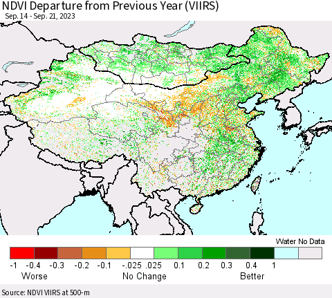 China, Mongolia and Taiwan NDVI Departure from Previous Year (VIIRS) Thematic Map For 9/14/2023 - 9/21/2023