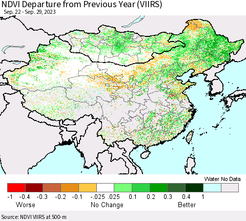 China, Mongolia and Taiwan NDVI Departure from Previous Year (VIIRS) Thematic Map For 9/22/2023 - 9/29/2023