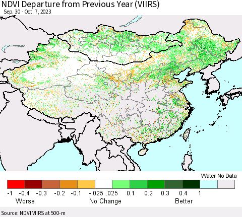 China, Mongolia and Taiwan NDVI Departure from Previous Year (VIIRS) Thematic Map For 9/30/2023 - 10/7/2023