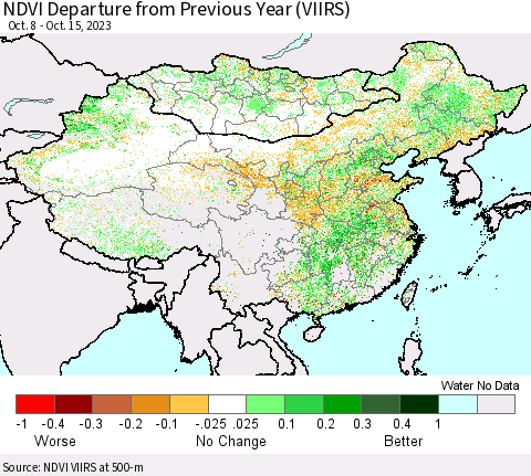 China, Mongolia and Taiwan NDVI Departure from Previous Year (VIIRS) Thematic Map For 10/8/2023 - 10/15/2023