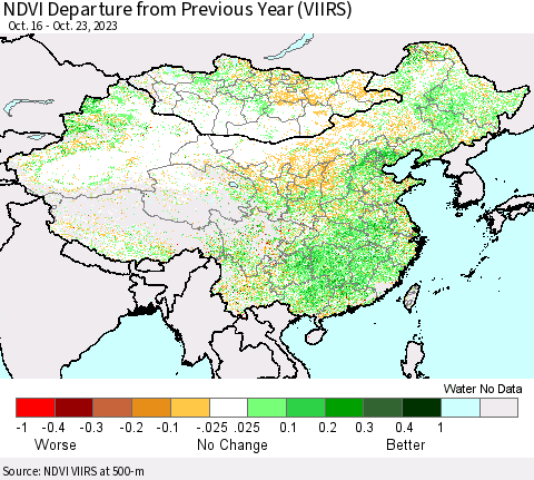 China, Mongolia and Taiwan NDVI Departure from Previous Year (VIIRS) Thematic Map For 10/16/2023 - 10/23/2023