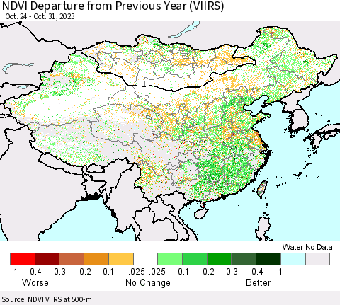 China, Mongolia and Taiwan NDVI Departure from Previous Year (VIIRS) Thematic Map For 10/24/2023 - 10/31/2023