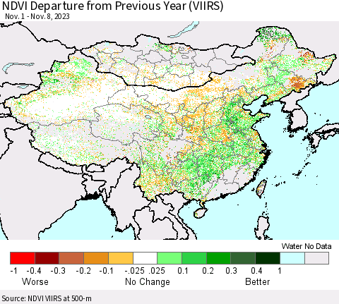 China, Mongolia and Taiwan NDVI Departure from Previous Year (VIIRS) Thematic Map For 11/1/2023 - 11/8/2023