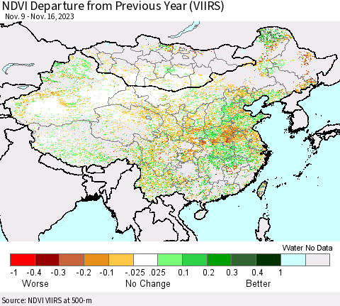 China, Mongolia and Taiwan NDVI Departure from Previous Year (VIIRS) Thematic Map For 11/9/2023 - 11/16/2023