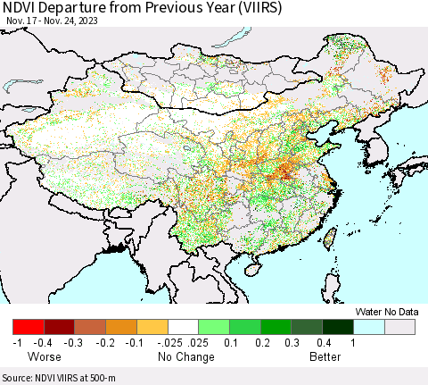 China, Mongolia and Taiwan NDVI Departure from Previous Year (VIIRS) Thematic Map For 11/17/2023 - 11/24/2023