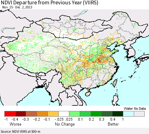 China, Mongolia and Taiwan NDVI Departure from Previous Year (VIIRS) Thematic Map For 11/25/2023 - 12/2/2023