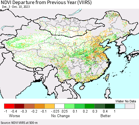 China, Mongolia and Taiwan NDVI Departure from Previous Year (VIIRS) Thematic Map For 12/3/2023 - 12/10/2023
