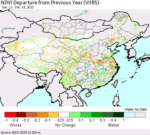 China, Mongolia and Taiwan NDVI Departure from Previous Year (VIIRS) Thematic Map For 12/11/2023 - 12/18/2023