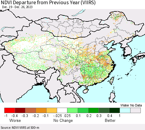 China, Mongolia and Taiwan NDVI Departure from Previous Year (VIIRS) Thematic Map For 12/19/2023 - 12/26/2023