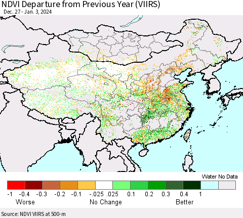 China, Mongolia and Taiwan NDVI Departure from Previous Year (VIIRS) Thematic Map For 12/27/2023 - 1/3/2024
