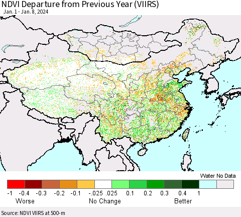 China, Mongolia and Taiwan NDVI Departure from Previous Year (VIIRS) Thematic Map For 1/1/2024 - 1/8/2024