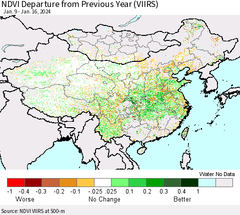 China, Mongolia and Taiwan NDVI Departure from Previous Year (VIIRS) Thematic Map For 1/9/2024 - 1/16/2024