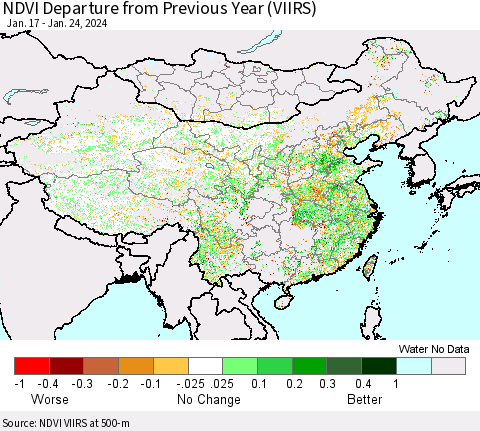 China, Mongolia and Taiwan NDVI Departure from Previous Year (VIIRS) Thematic Map For 1/17/2024 - 1/24/2024