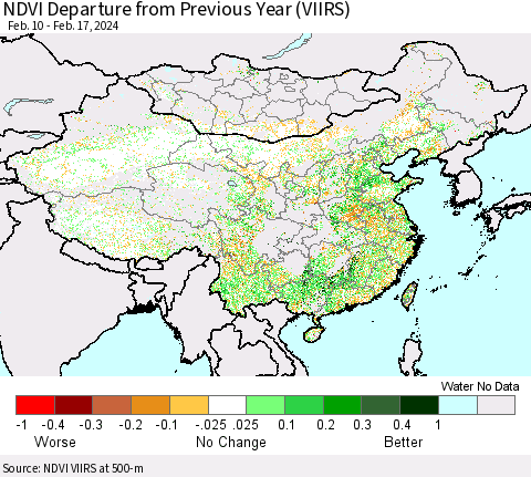 China, Mongolia and Taiwan NDVI Departure from Previous Year (VIIRS) Thematic Map For 2/10/2024 - 2/17/2024